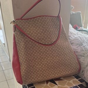 Coach Tan and Red Signature Shoulder Bag